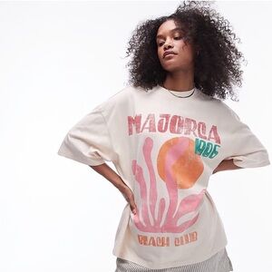 ASOS Topshop Graphic Majorca Art Oversized Tee in Stone Size S